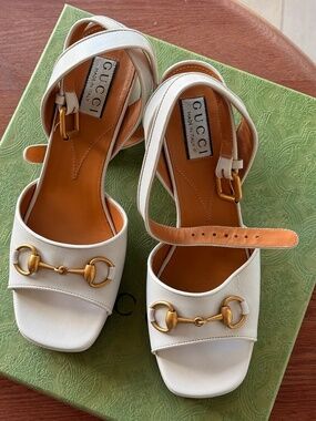 Gucci Horsebit Platform Block Heel Sandals White Leather w/ Box